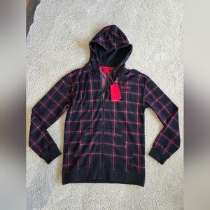 New HUGO Hugo Boss Small Men Checked Hooded Jacket Full Zip Hoodie Red/dark Gray